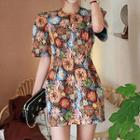 Elbow-sleeve Floral Pattern Mini A-line Dress