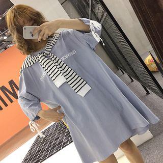 Set: 3/4-sleeve Lettering T-shirt Dress + Striped Scarf