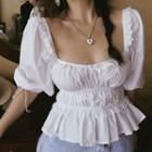 Balloon-sleeve Lace Trim Smocked Blouse