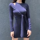 Long-sleeve Cutout Tie-neck Mini Bodycon Dress