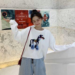 Donkey Embroidered Tasseled Round Neck Cropped Pullover