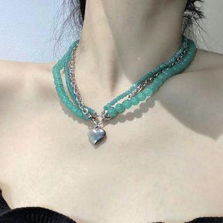 Heart Alloy Pendant Gemstone Layered Choker 1 Pc - Green - One Size