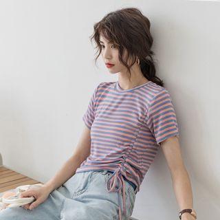Short-sleeve Striped Drawstring Cropped T-shirt