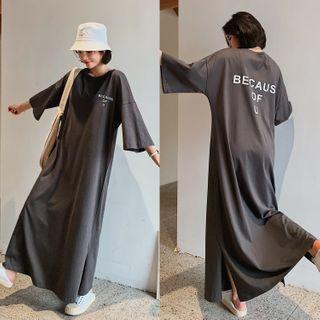 Lettering Slit 3/4-sleeve Maxi T-shirt Dress