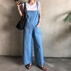 Dual-pocket Wide-leg Overall Jeans Blue - One Size