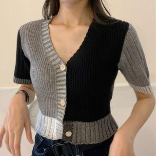 Short-sleeve Color Block Cardigan Gray & Black - One Size