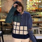 Plaid Polo Collared Long-sleeve Knit Top As Shown In Figure - One Size