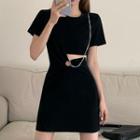 Short-sleeve Chained Cutout A-line Dress Black - One Size