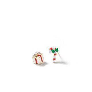 Asymmetrical Christmas Themed Ear Stud 1 Pair - White & Red & Green - One Size
