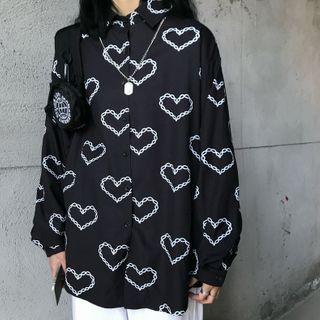 Long-sleeve Heart Print Shirt White Heart - Black - One Size