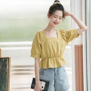 Plaid Short-sleeve Square-neck Cropped Blouse Yellow - One Size