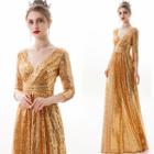 3/4 Sleeve V-neck Sequined A-line Evening Gown
