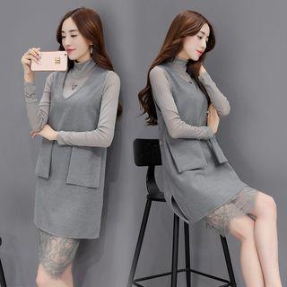 Set: Lace-panel Dress + Long Vest