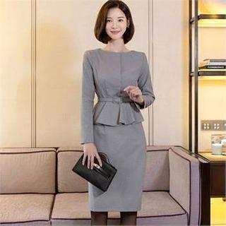 Belted Houndstooth Peplum Midi Dress