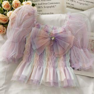 Off-shoulder Ribbon Mesh Top