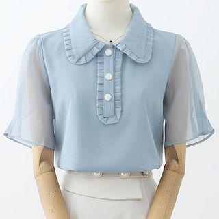 Short-sleeve Frill Trim Polo Chiffon Blouse