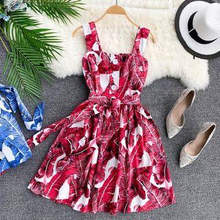 Sleeveless Leaf Print A-line Dress