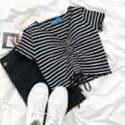 Short-sleeve Drawstring Striped T-shirt Stripe - Black - One Size