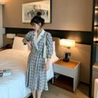 Contrast Collar 3/4-sleeve Plaid Midi A-line Blazer Dress