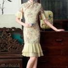 Short-sleeve Floral Print Ruffle Hem Qipao