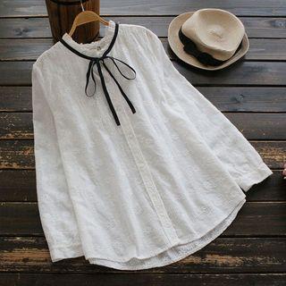 Tie-neck Embroidery Frilled Blouse