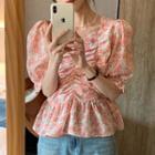 Puff-sleeve Loose-fit Floral Pattern Top