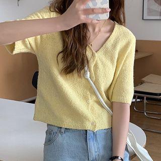 Short-sleeve V-neck Plain Cropped Cardigan