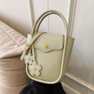 Set: Faux Leather Flap Bucket Bag + Bag Charm