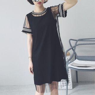 Set: Mesh Panel Short-sleeve Dress + Strap Dress
