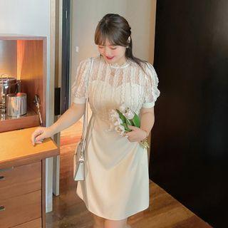 Puff-sleeve Dotted Mesh Mini A-line Dress