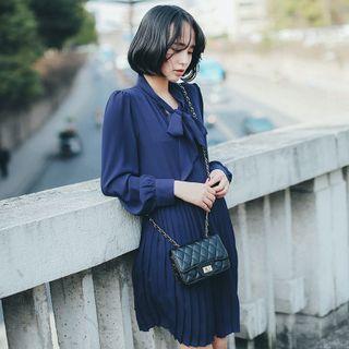 Tie-collar Pleated Chiffon Dress