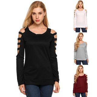 Cut-out Long-sleeve Plain Top