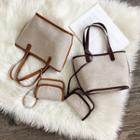 Set: Contrast-trim Tote Bag + Pouch