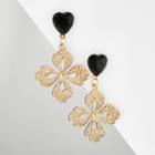Heart Alloy Flower Dangle Earring 1 Pair - 9407 - Black Rhinestone - Gold - One Size