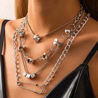 Skull Dice & Safety Pin Pendant Layered Alloy Necklace Silver - One Size