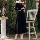 Long-sleeve Off-shoulder Frill Trim Midi A-line Dress