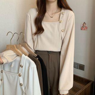 Long-sleeve Square Neck Corduroy Top