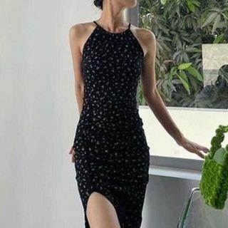 Halter-neck Floral Print Slit A-line Dress