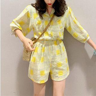 3/4-sleeve Patterned Playsuit Yellow - One Size