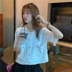 Short-sleeve Collared Faux Pearl Button Top