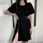 Short-sleeve Belted Dress Black - One Size