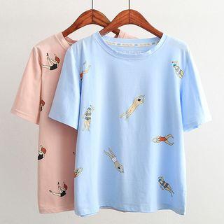 Short-sleeve Printed T-shirt Blue - One Size