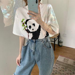 Cartoon Panda Print T-shirt Black & White - One Size