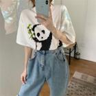 Cartoon Panda Print T-shirt Black & White - One Size