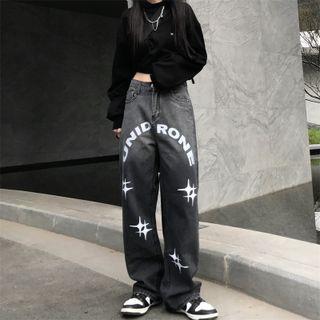 Print Lettering Wide Leg Jeans
