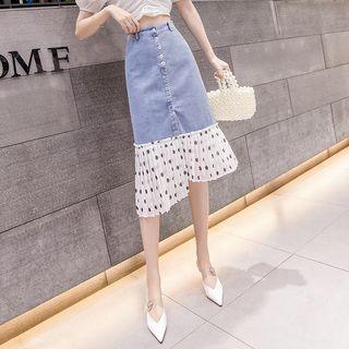 Polka Dot Chiffon Paneled Midi Denim Skirt