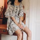 Elbow-sleeve Floral Print Lace-up Chiffon Dress