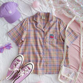 Short-sleeve Cherry Embroidered Plaid Shirt As Shown In Figure - One Size