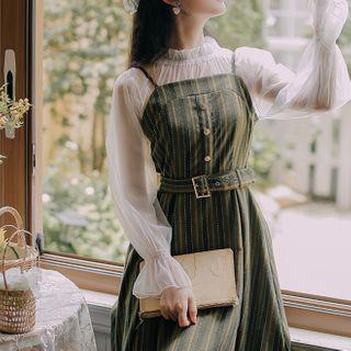 Set: Striped Strappy Midi A-line Dress + Blouse
