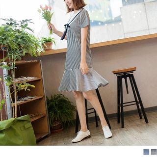Bow Accent Mock Two Piece Striped Mermaid Dress